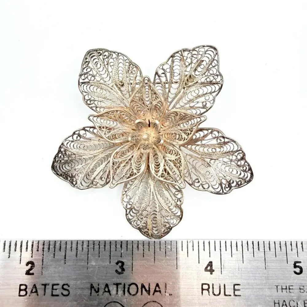 Antique Sterling Silver 925 Large Filigree Flower Brooch Pin Cannetille